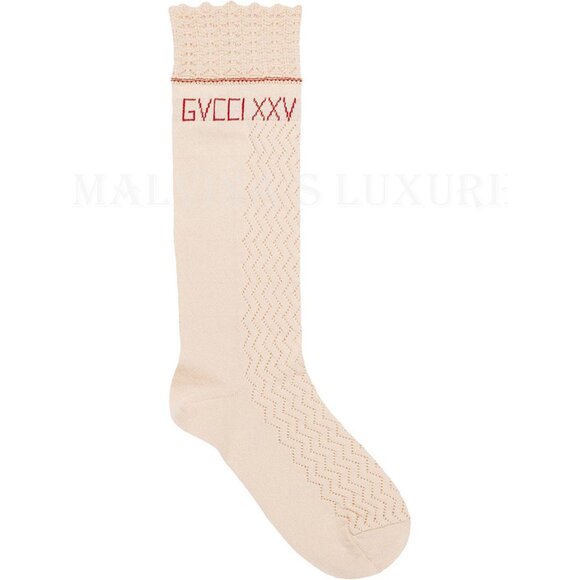 GUCCI DRESS SOCKS XXV KNITTED COTTON CROCHET SCALLOP TOP EMBROIDERED LOGO - Picture 8 of 10